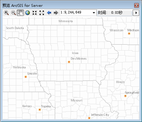 在“预览 ArcGIS for Server”窗口中预览地图服务