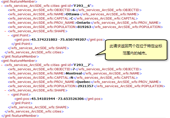 过滤的 GetFeature 操作返回的指定坐标范围内的城市