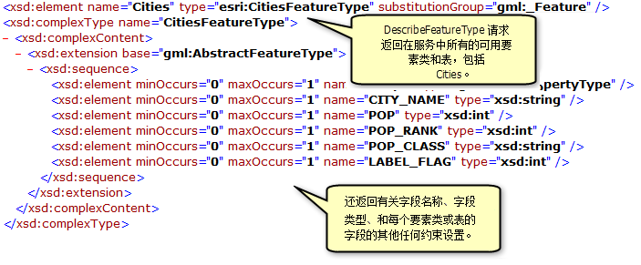 DescribeFeatureType 操作返回的要素类、表和字段信息
